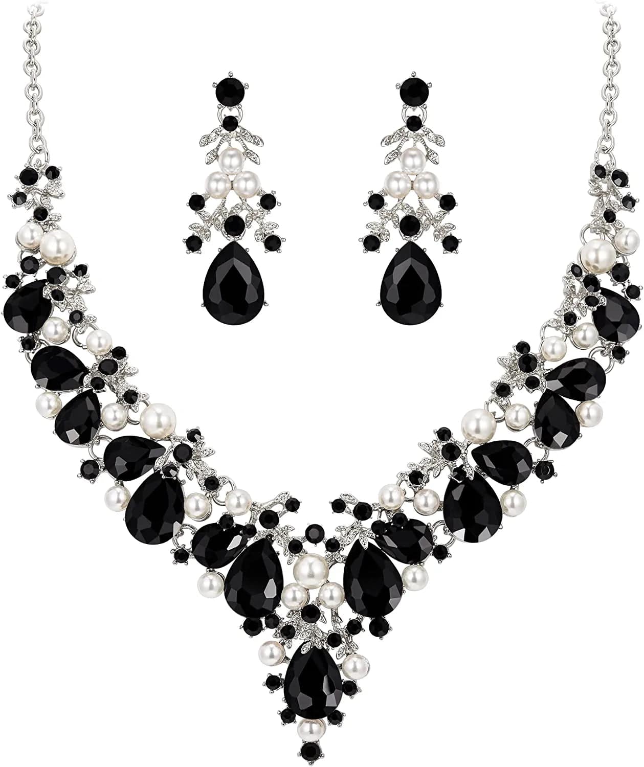 Crystal Simulated Pearl Gorgeous Bridal Leaf Teardrop Necklace Earrings Set Black Silver-Tone