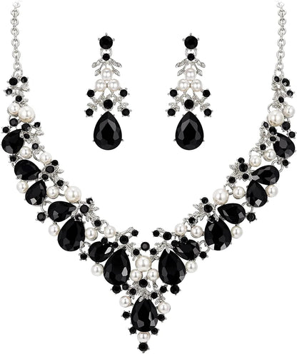Crystal Simulated Pearl Gorgeous Bridal Leaf Teardrop Necklace Earrings Set Black Silver-Tone