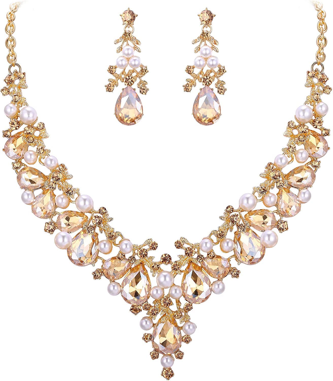 Crystal Simulated Pearl Gorgeous Bridal Leaf Teardrop Necklace Earrings Set Brown Gold-Tone
