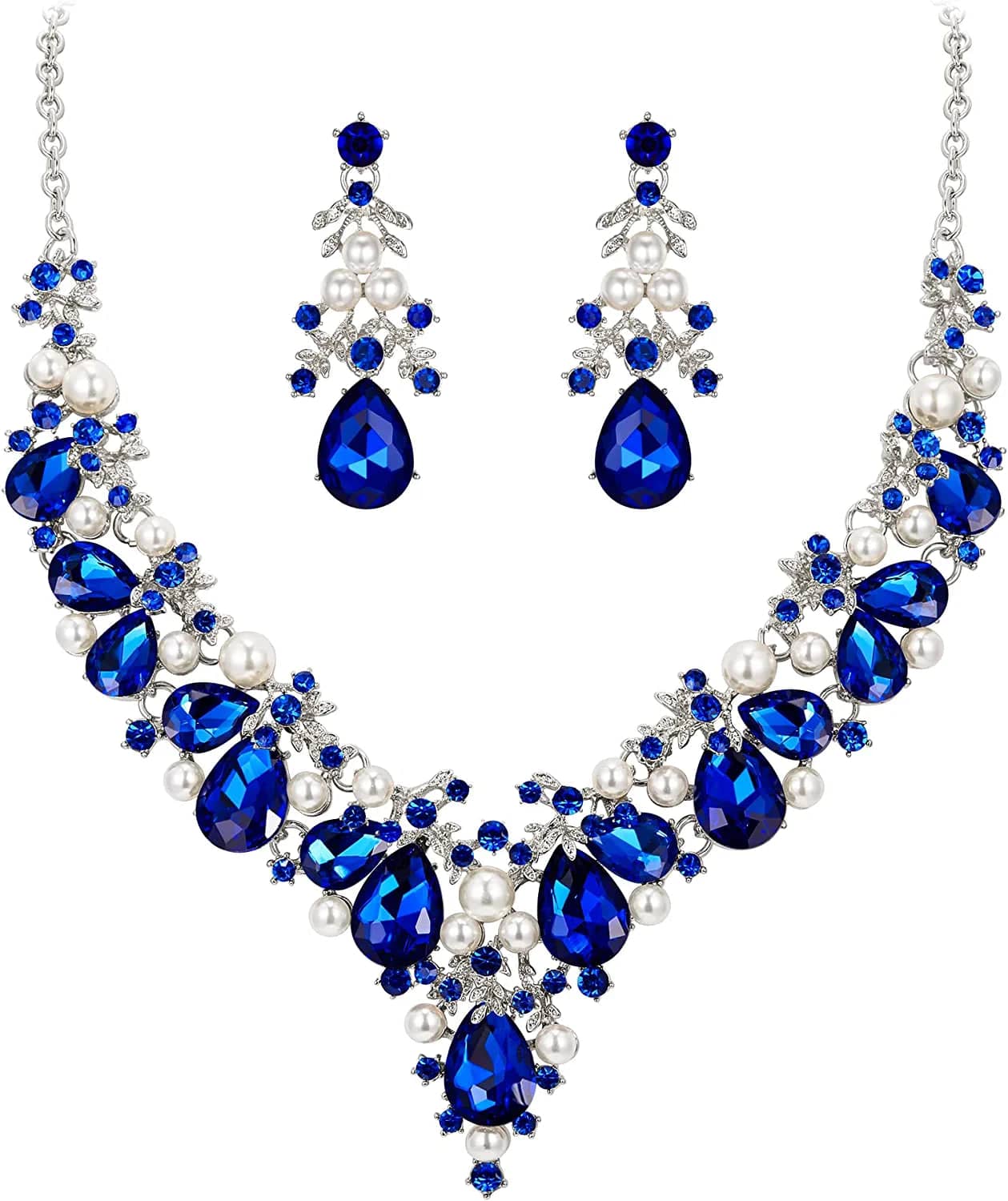 Crystal Simulated Pearl Gorgeous Bridal Leaf Teardrop Necklace Earrings Set Blue Silver-Tone