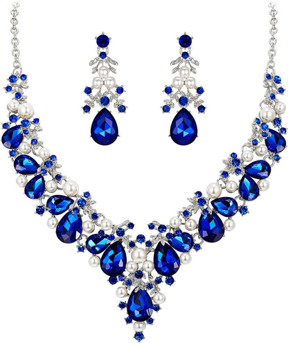 Crystal Simulated Pearl Gorgeous Bridal Leaf Teardrop Necklace Earrings Set Blue Silver-Tone