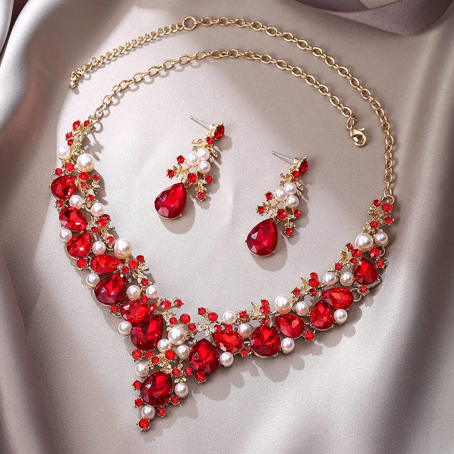 Crystal Simulated Pearl Gorgeous Bridal Leaf Teardrop Necklace Earrings Set