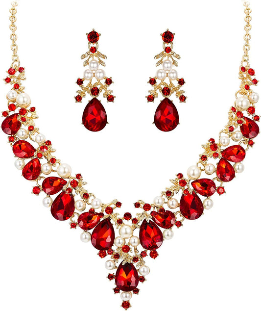 Crystal Simulated Pearl Gorgeous Bridal Leaf Teardrop Necklace Earrings Set Red Gold-Tone