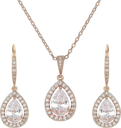 Crystal Teardrop Wedding Jewelry Sets for Brides Birdesmaids, Rhinestone Cubic Zirconia Bridal Backdrop Necklace and Earrings Jewelry Sets for Women, Prom Costume Jewelry Rose Gold