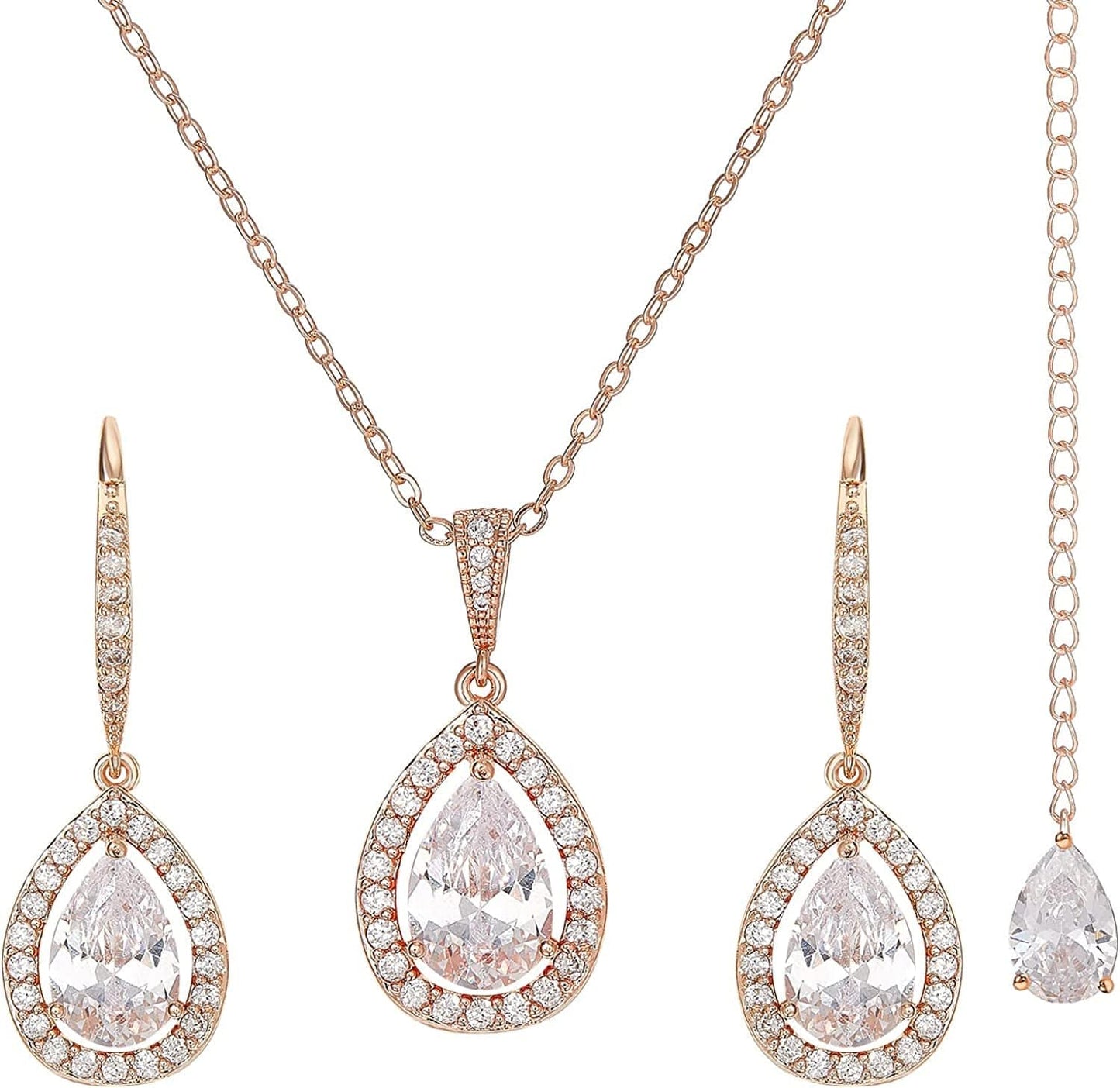 Crystal Teardrop Wedding Jewelry Sets for Brides Birdesmaids, Rhinestone Cubic Zirconia Bridal Backdrop Necklace and Earrings Jewelry Sets for Women, Prom Costume Jewelry Rose Gold+Backdrop