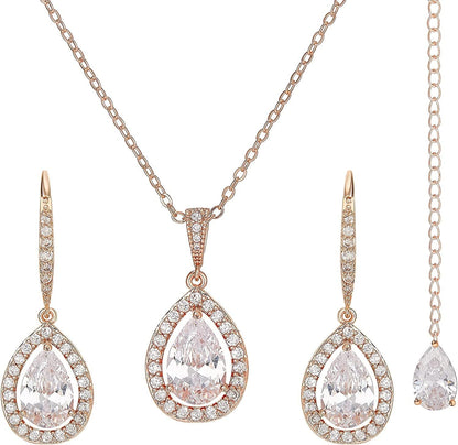 Crystal Teardrop Wedding Jewelry Sets for Brides Birdesmaids, Rhinestone Cubic Zirconia Bridal Backdrop Necklace and Earrings Jewelry Sets for Women, Prom Costume Jewelry Rose Gold+Backdrop