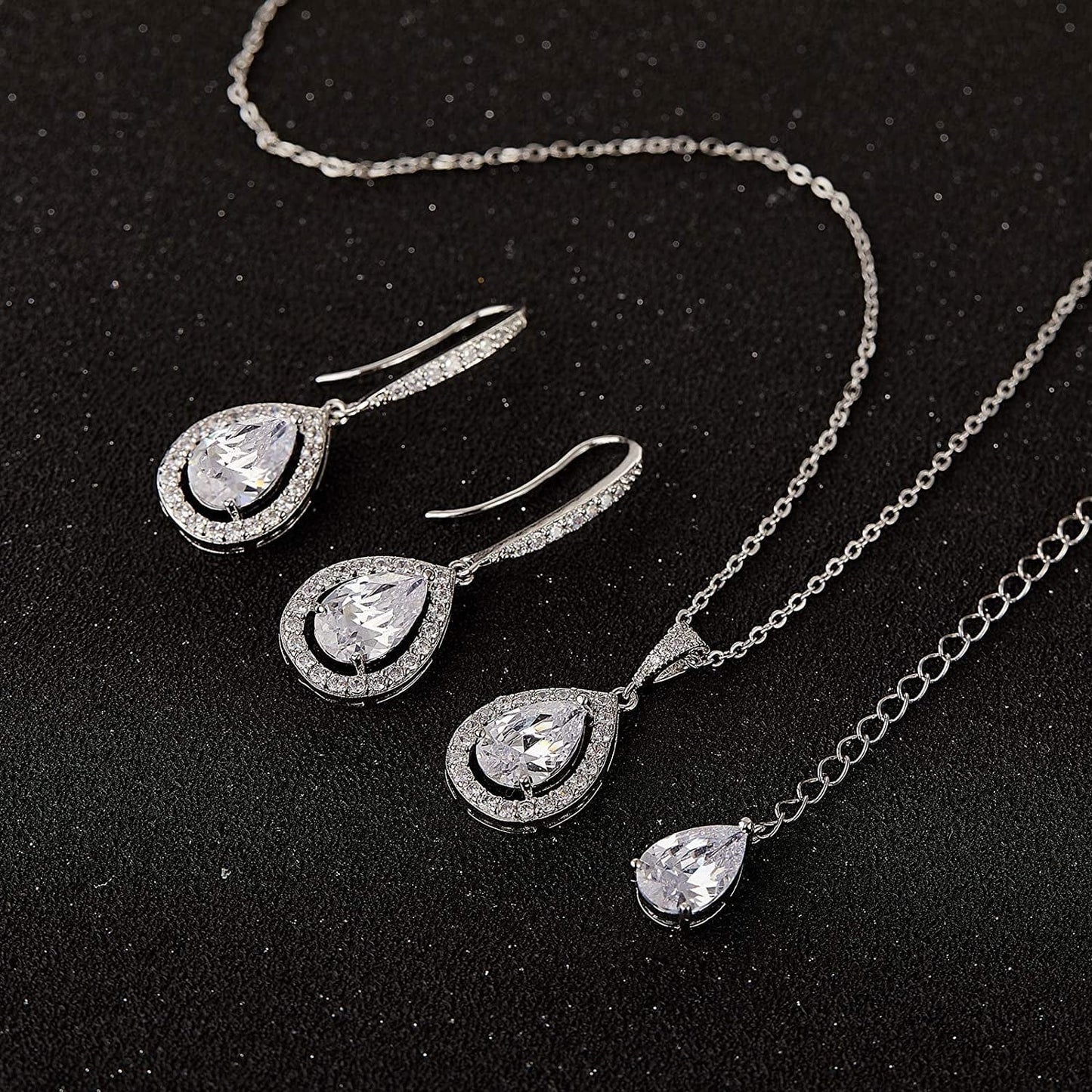 Crystal Teardrop Wedding Jewelry Sets for Brides Birdesmaids, Rhinestone Cubic Zirconia Bridal Backdrop Necklace and Earrings Jewelry Sets for Women, Prom Costume Jewelry
