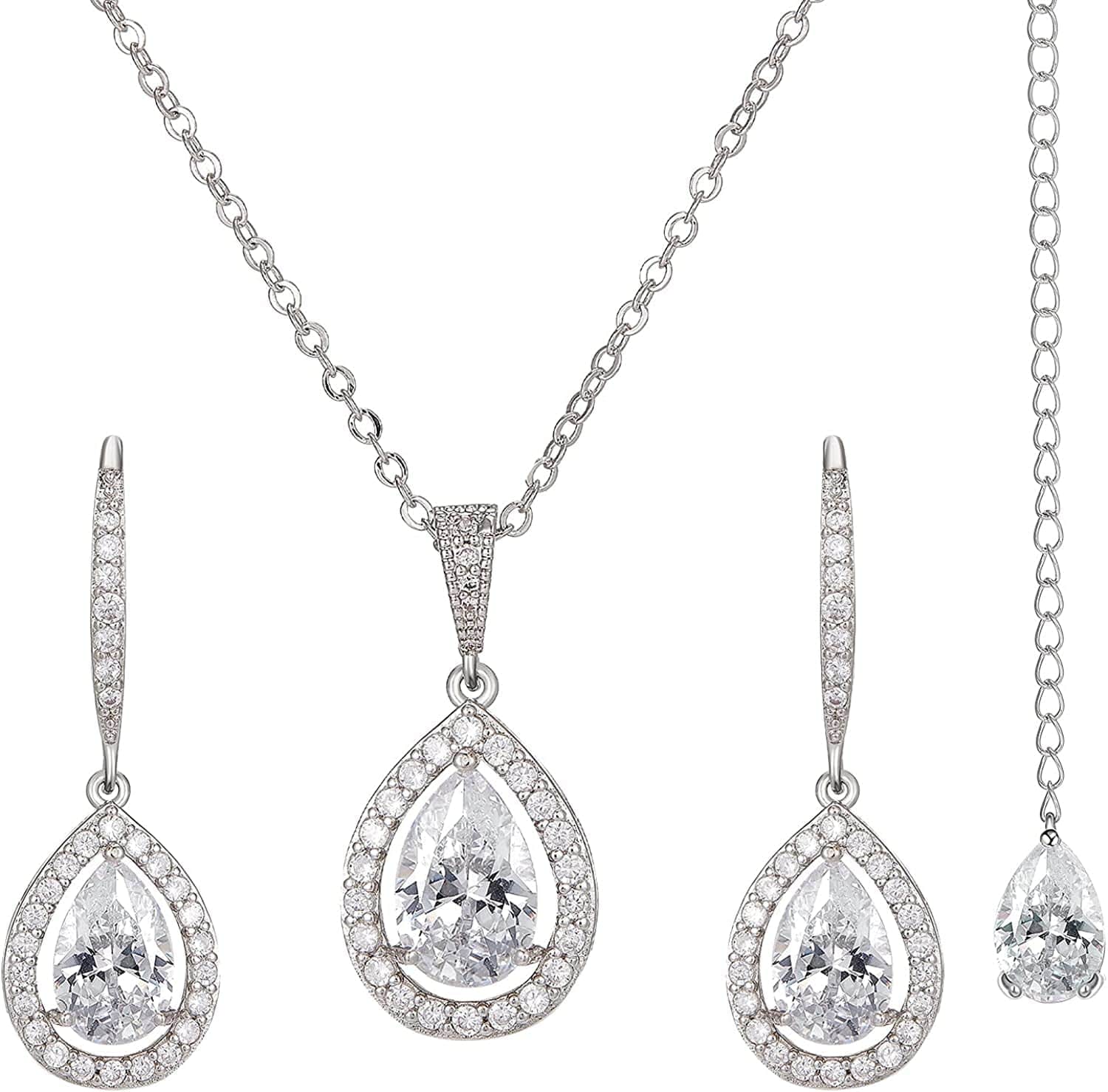 Crystal Teardrop Wedding Jewelry Sets for Brides Birdesmaids, Rhinestone Cubic Zirconia Bridal Backdrop Necklace and Earrings Jewelry Sets for Women, Prom Costume Jewelry Silver+Backdrop