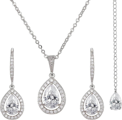 Crystal Teardrop Wedding Jewelry Sets for Brides Birdesmaids, Rhinestone Cubic Zirconia Bridal Backdrop Necklace and Earrings Jewelry Sets for Women, Prom Costume Jewelry Silver+Backdrop