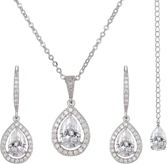 Crystal Teardrop Wedding Jewelry Sets for Brides Birdesmaids, Rhinestone Cubic Zirconia Bridal Backdrop Necklace and Earrings Jewelry Sets for Women, Prom Costume Jewelry Silver+Backdrop