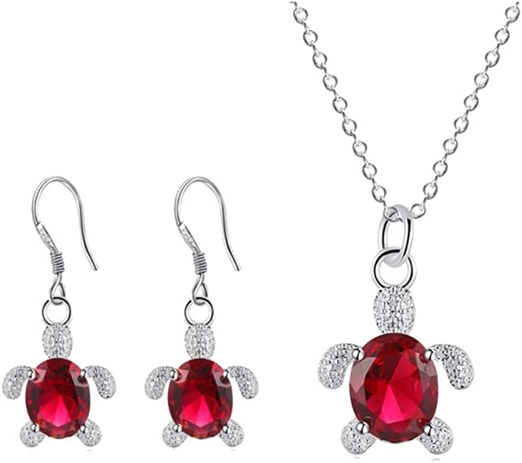 Crystal Turtle Pendant Necklace Earring Set, Cute Animal Sea Turtle Clavicle Necklace Drop Earrings Jewelry Set Red