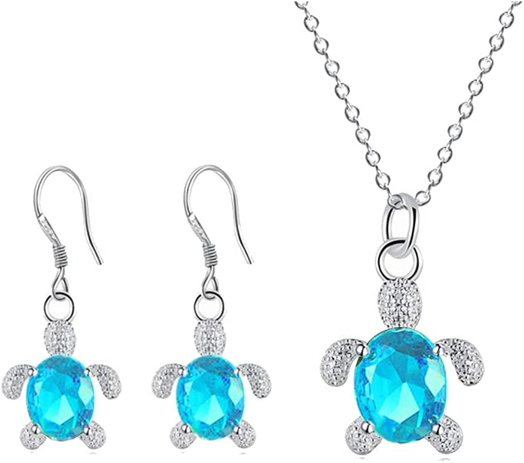 Crystal Turtle Pendant Necklace Earring Set, Cute Animal Sea Turtle Clavicle Necklace Drop Earrings Jewelry Set Lake blue