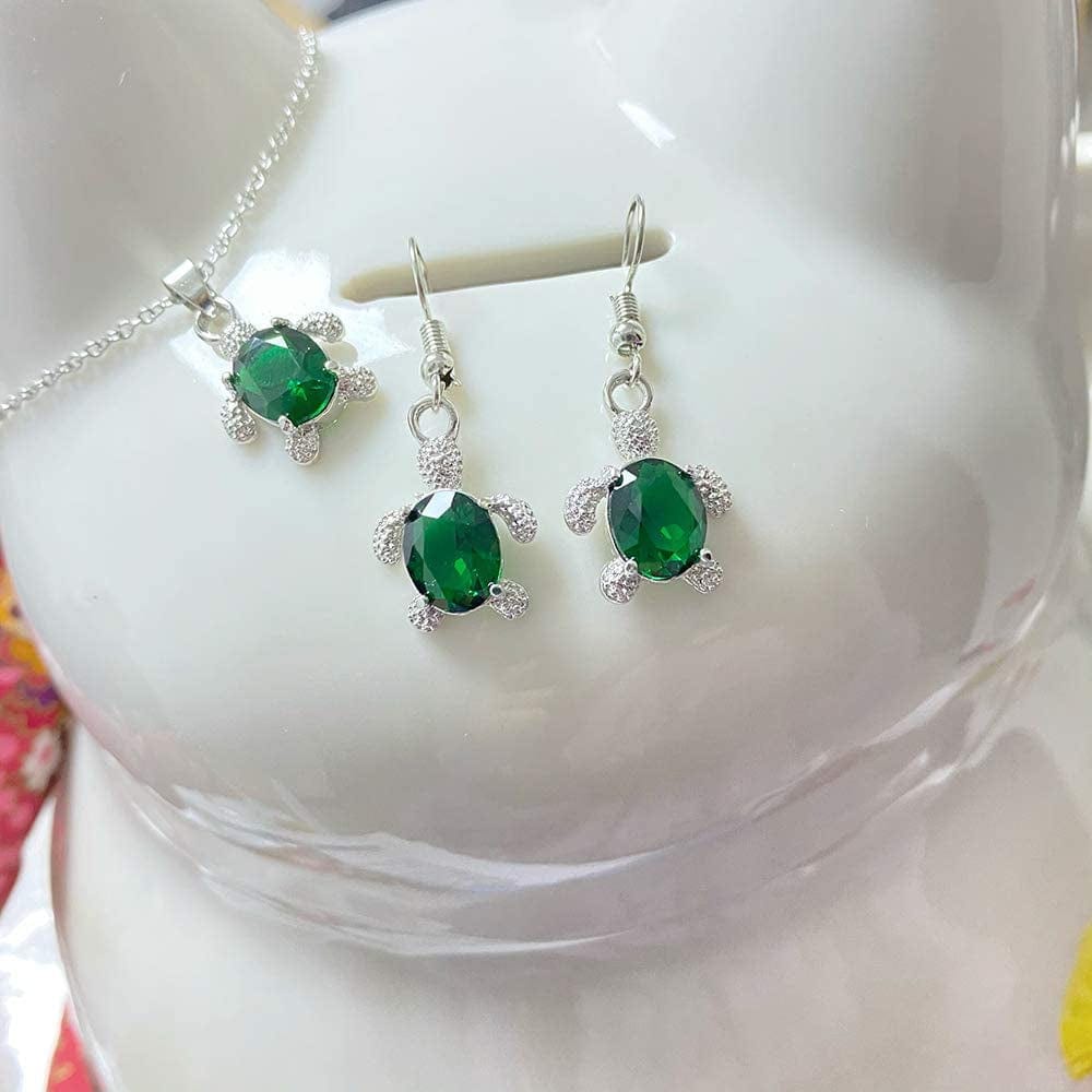 Crystal Turtle Pendant Necklace Earring Set, Cute Animal Sea Turtle Clavicle Necklace Drop Earrings Jewelry Set