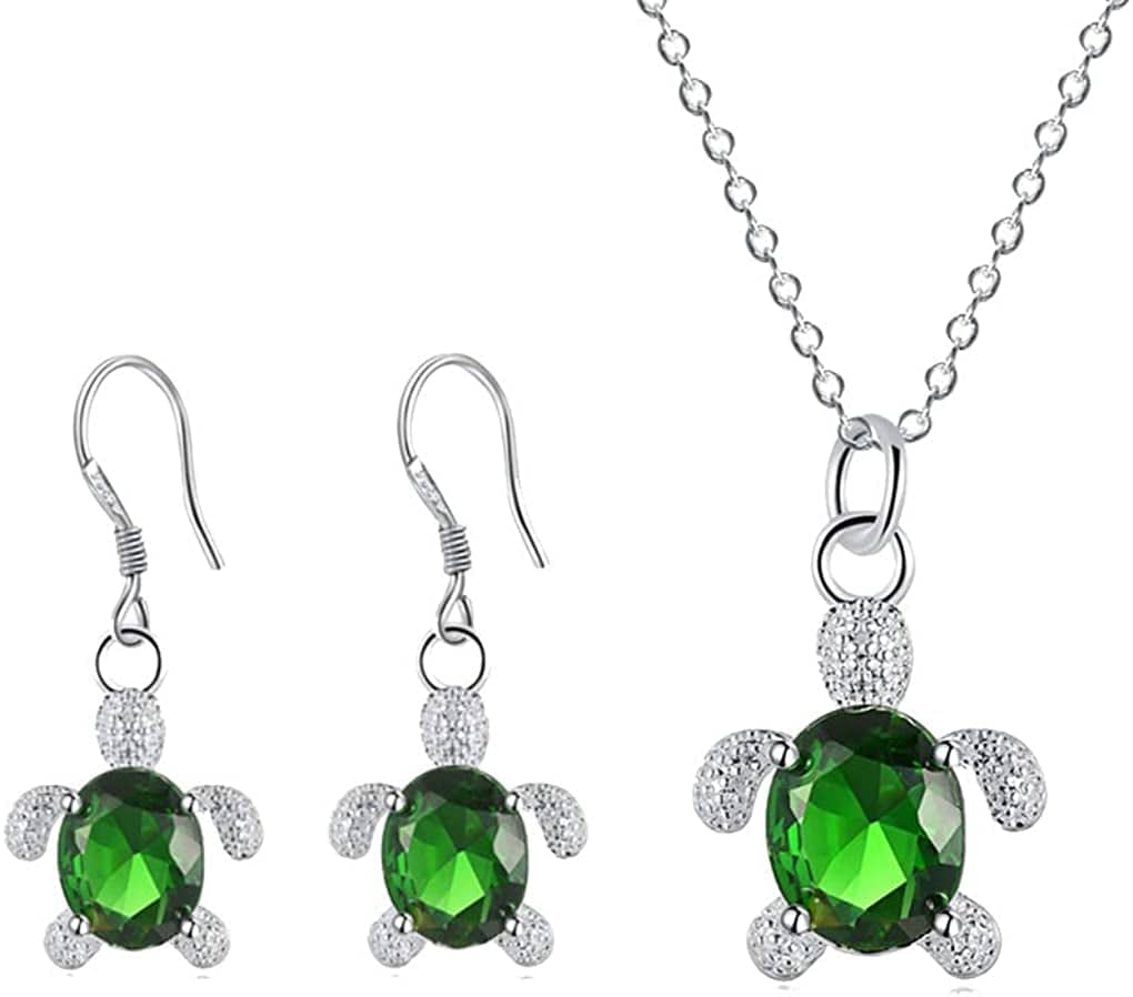 Crystal Turtle Pendant Necklace Earring Set, Cute Animal Sea Turtle Clavicle Necklace Drop Earrings Jewelry Set Green