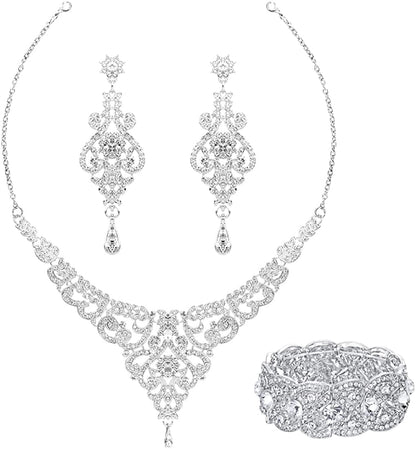 Crystal Wedding Jewelry Set Necklace Earring Set for Women and Brides Rose Gold and Silver Bridal Statement Jewelry Sets Silver necklace earring bracelet