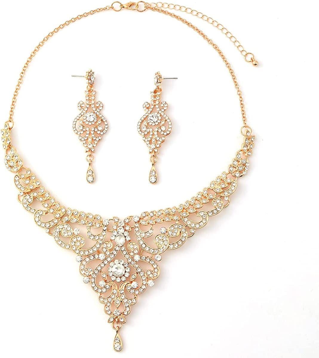Crystal Wedding Jewelry Set Necklace Earring Set for Women and Brides Rose Gold and Silver Bridal Statement Jewelry Sets gold