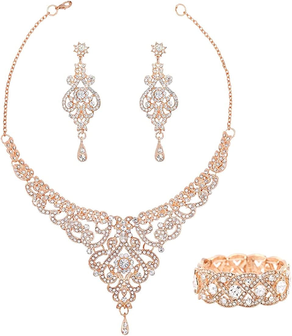 Crystal Wedding Jewelry Set Necklace Earring Set for Women and Brides Rose Gold and Silver Bridal Statement Jewelry Sets Rose gold necklace earrings bracelets