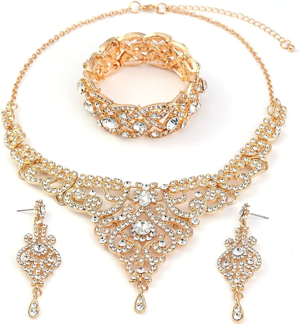 Crystal Wedding Jewelry Set Necklace Earring Set for Women and Brides Rose Gold and Silver Bridal Statement Jewelry Sets Gold necklace earrings bracelet