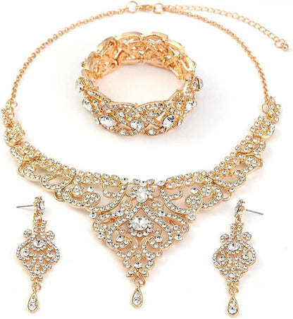 Crystal Wedding Jewelry Set Necklace Earring Set for Women and Brides Rose Gold and Silver Bridal Statement Jewelry Sets Gold necklace earrings bracelet