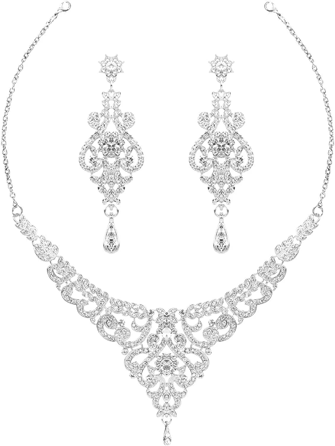 Crystal Wedding Jewelry Set Necklace Earring Set for Women and Brides Rose Gold and Silver Bridal Statement Jewelry Sets Silver