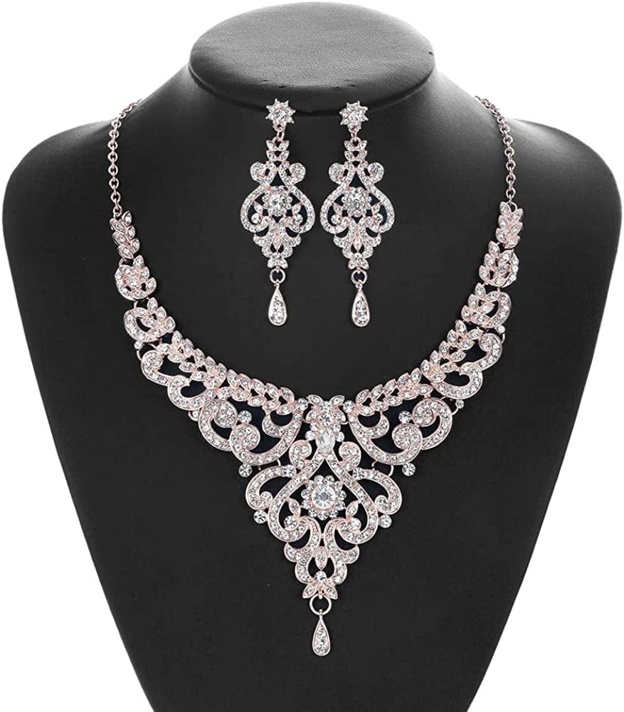 Crystal Wedding Jewelry Set Necklace Earring Set for Women and Brides Rose Gold and Silver Bridal Statement Jewelry Sets