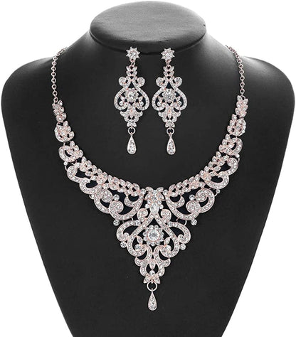 Crystal Wedding Jewelry Set Necklace Earring Set for Women and Brides Rose Gold and Silver Bridal Statement Jewelry Sets