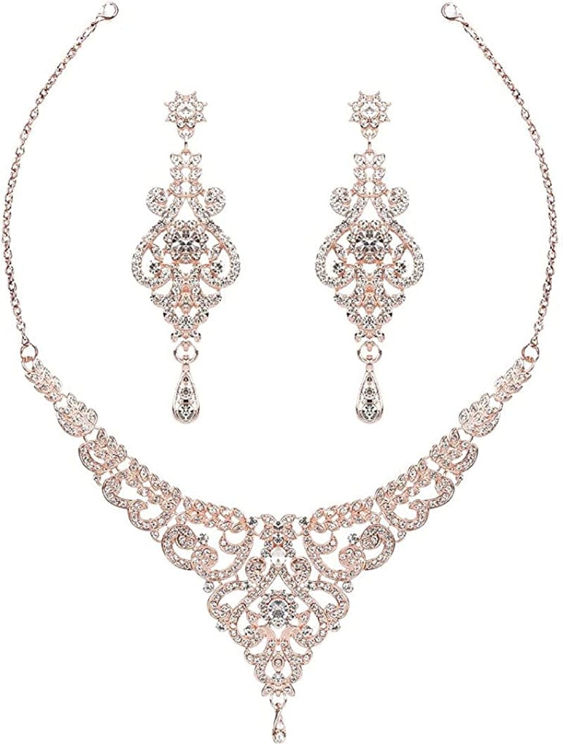 Crystal Wedding Jewelry Set Necklace Earring Set for Women and Brides Rose Gold and Silver Bridal Statement Jewelry Sets rose gold