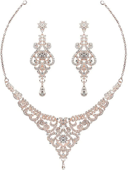 Crystal Wedding Jewelry Set Necklace Earring Set for Women and Brides Rose Gold and Silver Bridal Statement Jewelry Sets rose gold