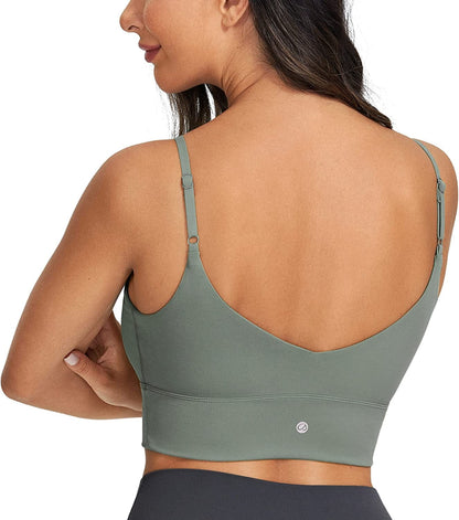 CRZ YOGA Adjustable Longline Sports Bra for Women - V Back Wireless Workout Padded Yoga Bra Cropped Tank Tops Grey Sage / Medium
