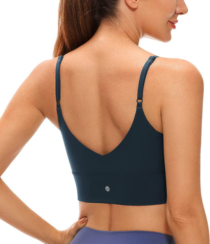 CRZ YOGA Adjustable Longline Sports Bra for Women - V Back Wireless Workout Padded Yoga Bra Cropped Tank Tops True Navy / Medium