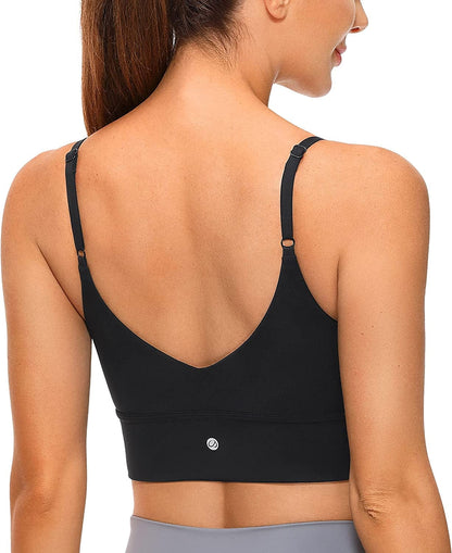 CRZ YOGA Adjustable Longline Sports Bra for Women - V Back Wireless Workout Padded Yoga Bra Cropped Tank Tops Black / X-Small