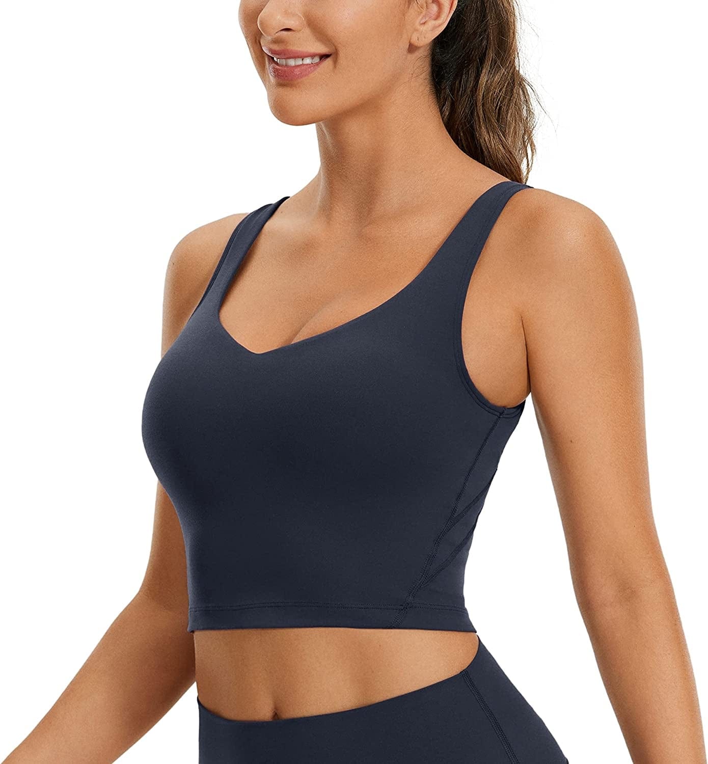 CRZ YOGA Butterluxe Womens V Neck Longline Sports Bra - Padded Workout Crop Tank Top with Built in Bra