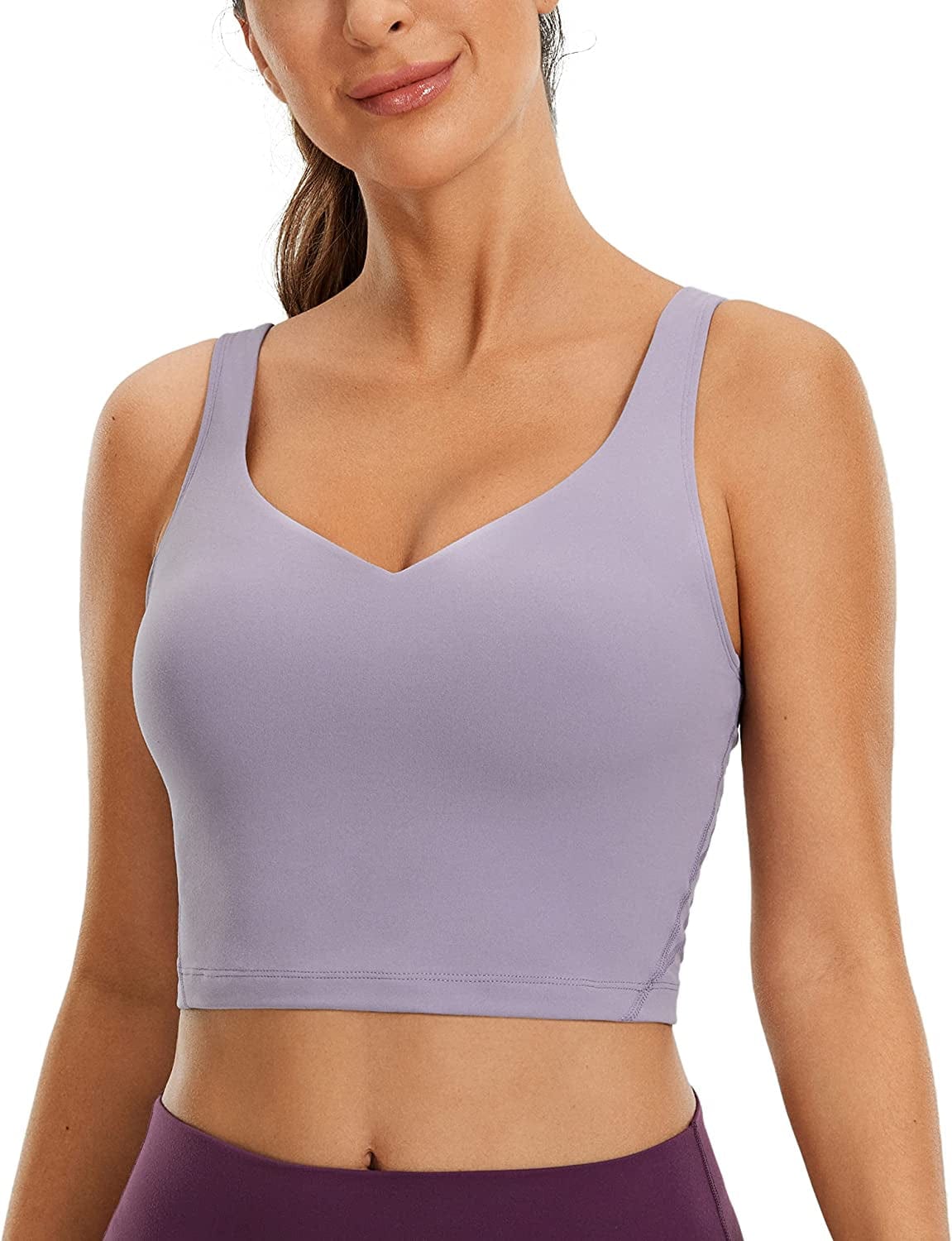CRZ YOGA Butterluxe Womens V Neck Longline Sports Bra - Padded Workout Crop Tank Top with Built in Bra