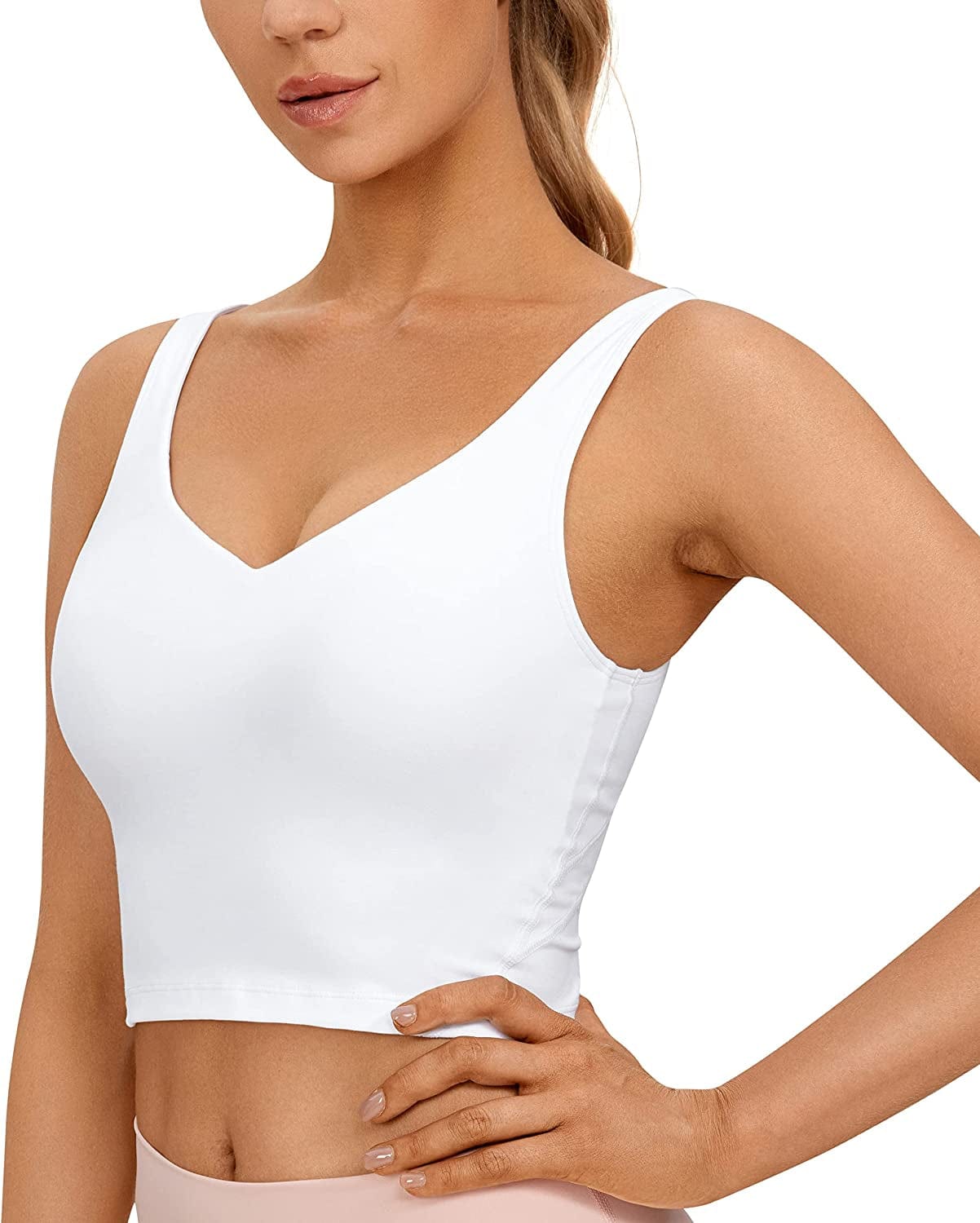 CRZ YOGA Butterluxe Womens V Neck Longline Sports Bra - Padded Workout Crop Tank Top with Built in Bra