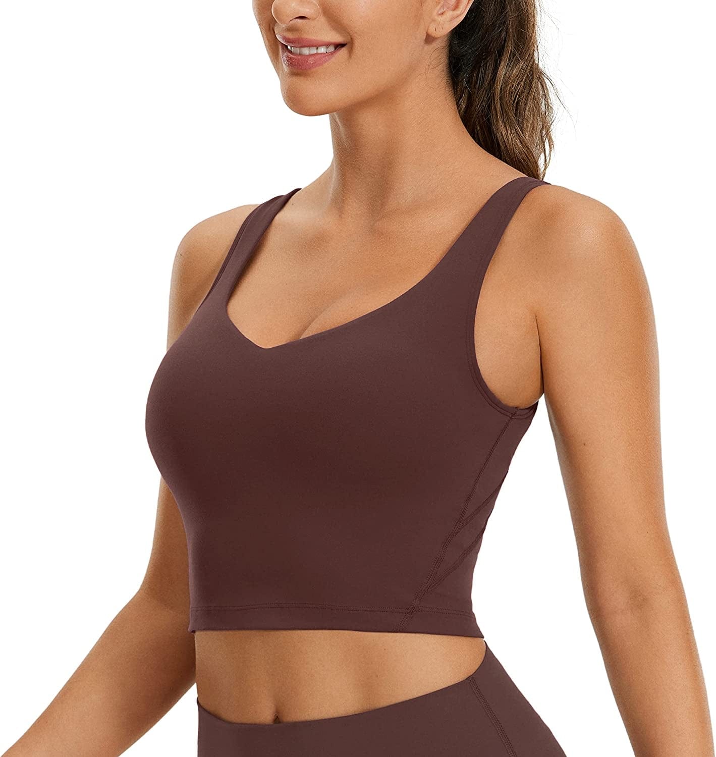 CRZ YOGA Butterluxe Womens V Neck Longline Sports Bra - Padded Workout Crop Tank Top with Built in Bra