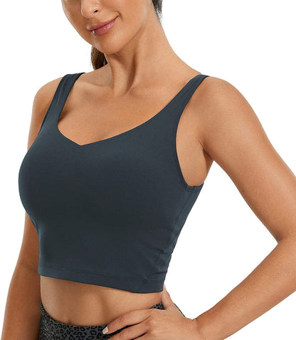 CRZ YOGA Butterluxe Womens V Neck Longline Sports Bra - Padded Workout Crop Tank Top with Built in Bra