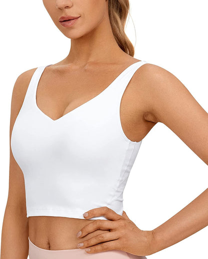 CRZ YOGA Butterluxe Womens V Neck Longline Sports Bra - Padded Workout Crop Tank Top with Built in Bra White / Small