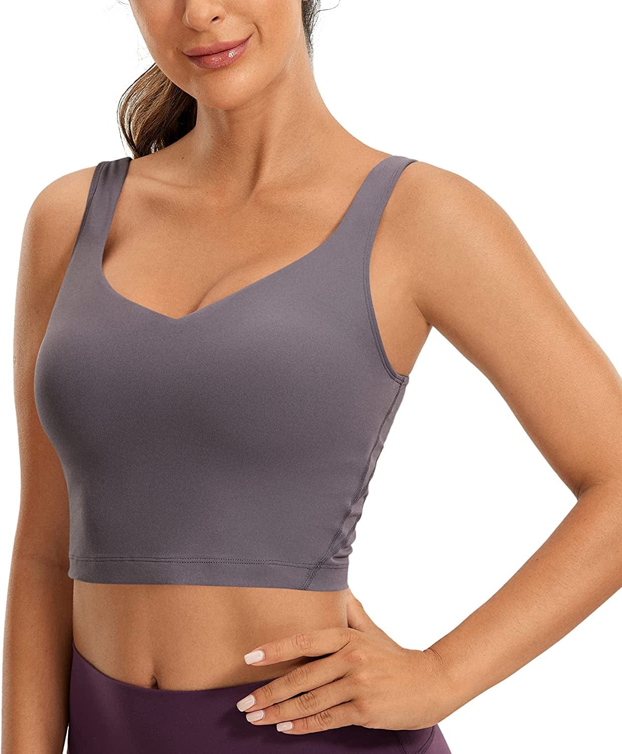 CRZ YOGA Butterluxe Womens V Neck Longline Sports Bra - Padded Workout Crop Tank Top with Built in Bra Tornado / X-Large