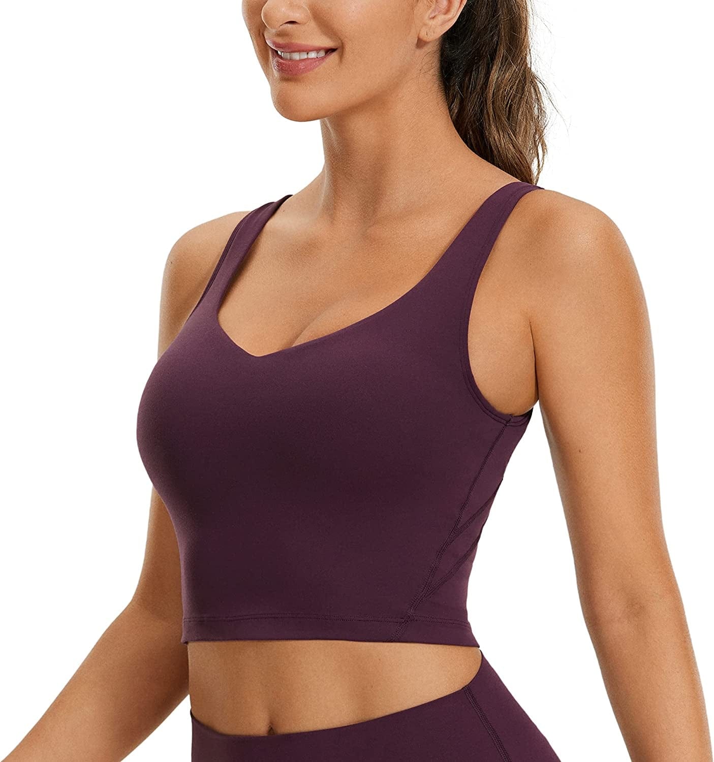 CRZ YOGA Butterluxe Womens V Neck Longline Sports Bra - Padded Workout Crop Tank Top with Built in Bra Deep Purple / Small
