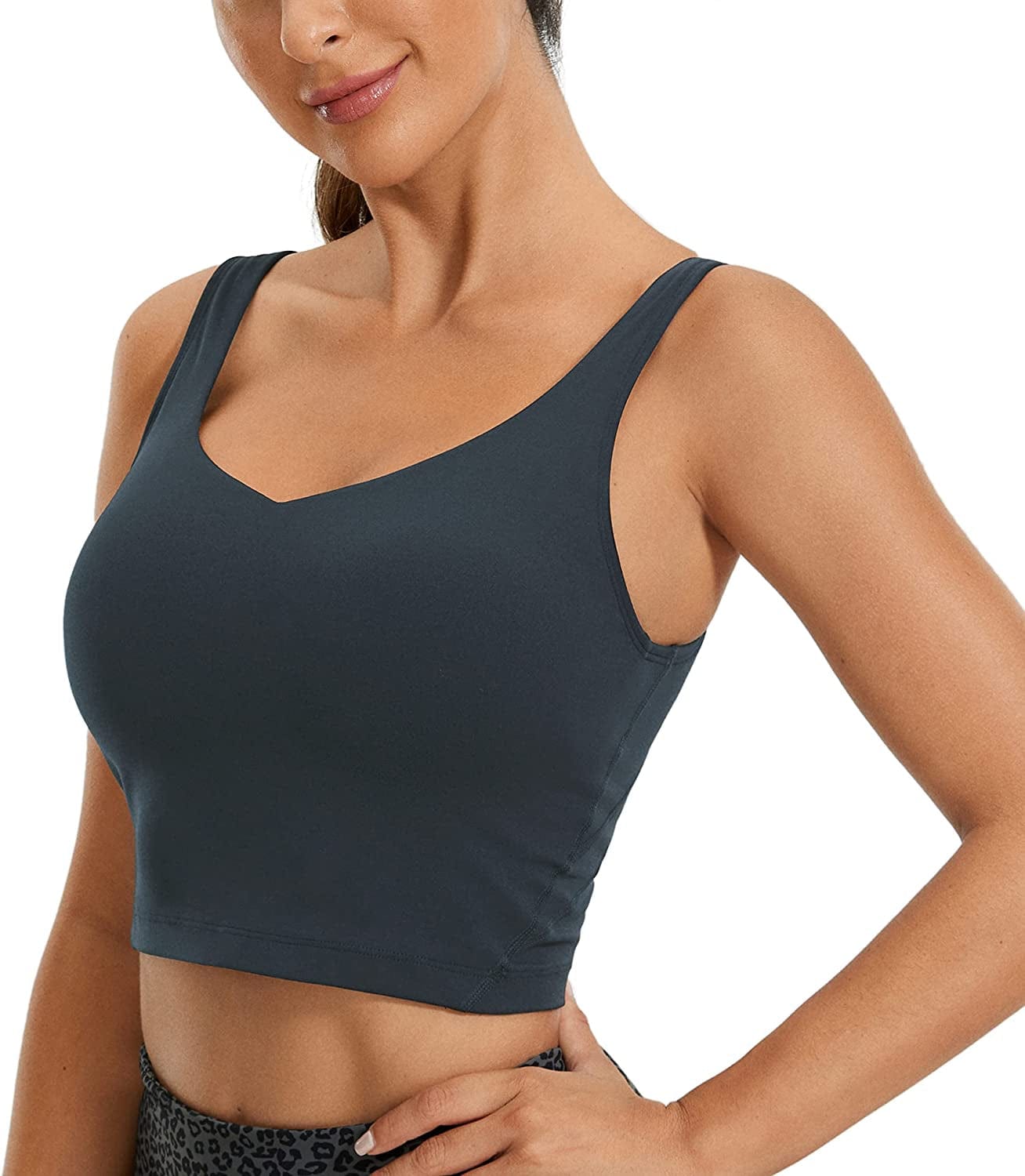CRZ YOGA Butterluxe Womens V Neck Longline Sports Bra - Padded Workout Crop Tank Top with Built in Bra True Navy / Medium