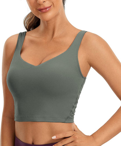 CRZ YOGA Butterluxe Womens V Neck Longline Sports Bra - Padded Workout Crop Tank Top with Built in Bra Grey Sage / Medium