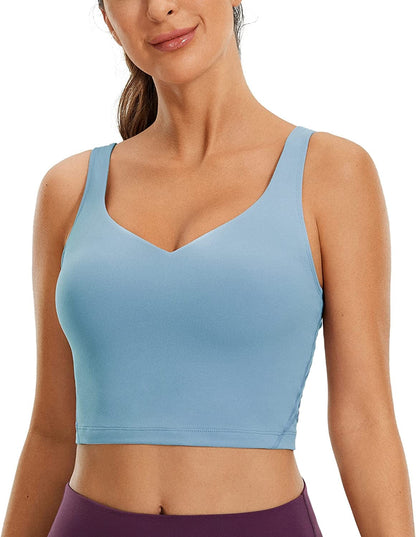 CRZ YOGA Butterluxe Womens V Neck Longline Sports Bra - Padded Workout Crop Tank Top with Built in Bra Pure Blue / X-Small