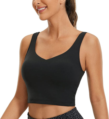 CRZ YOGA Butterluxe Womens V Neck Longline Sports Bra - Padded Workout Crop Tank Top with Built in Bra Black / Small