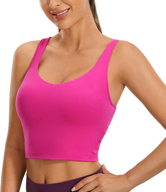 CRZ YOGA Butterluxe Womens V Neck Longline Sports Bra - Padded Workout Crop Tank Top with Built in Bra Hibiscus Purple / Medium