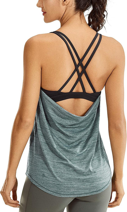 CRZ YOGA Lightweight Heather Women'S Workout Tank Tops with Built-In Shelf Bra Flowy Shirts Strappy Open Back Activewear Aqua Green Grey / Small