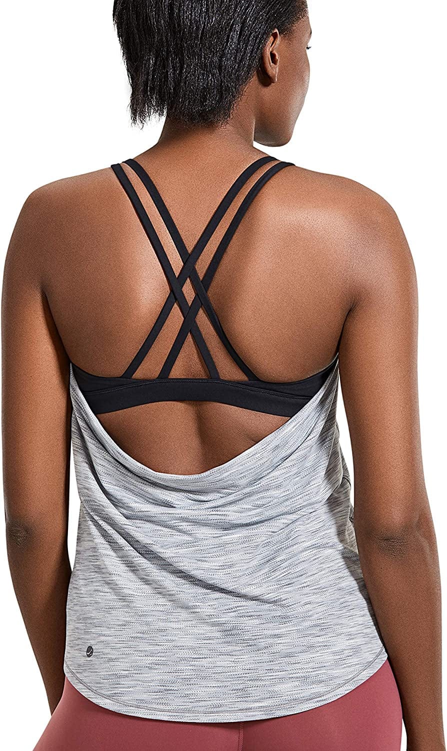 CRZ YOGA Lightweight Heather Women'S Workout Tank Tops with Built-In Shelf Bra Flowy Shirts Strappy Open Back Activewear Heathered Smoke Grey / Small