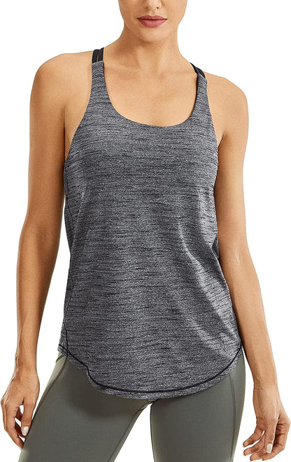 CRZ YOGA Lightweight Heather Women'S Workout Tank Tops with Built-In Shelf Bra Flowy Shirts Strappy Open Back Activewear Black Feather Grey / Small