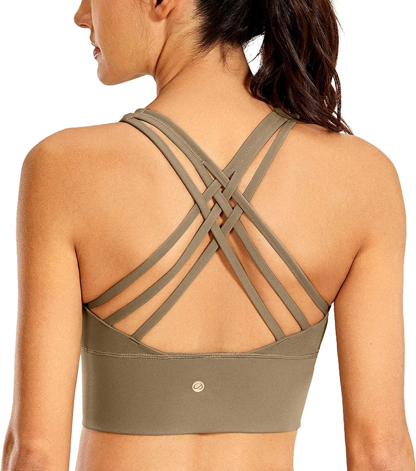 CRZ YOGA Strappy Longline Sports Bras for Women - Wirefree Padded Criss Cross Yoga Bras Cropped Tank Tops Khaki Fog / X-Large