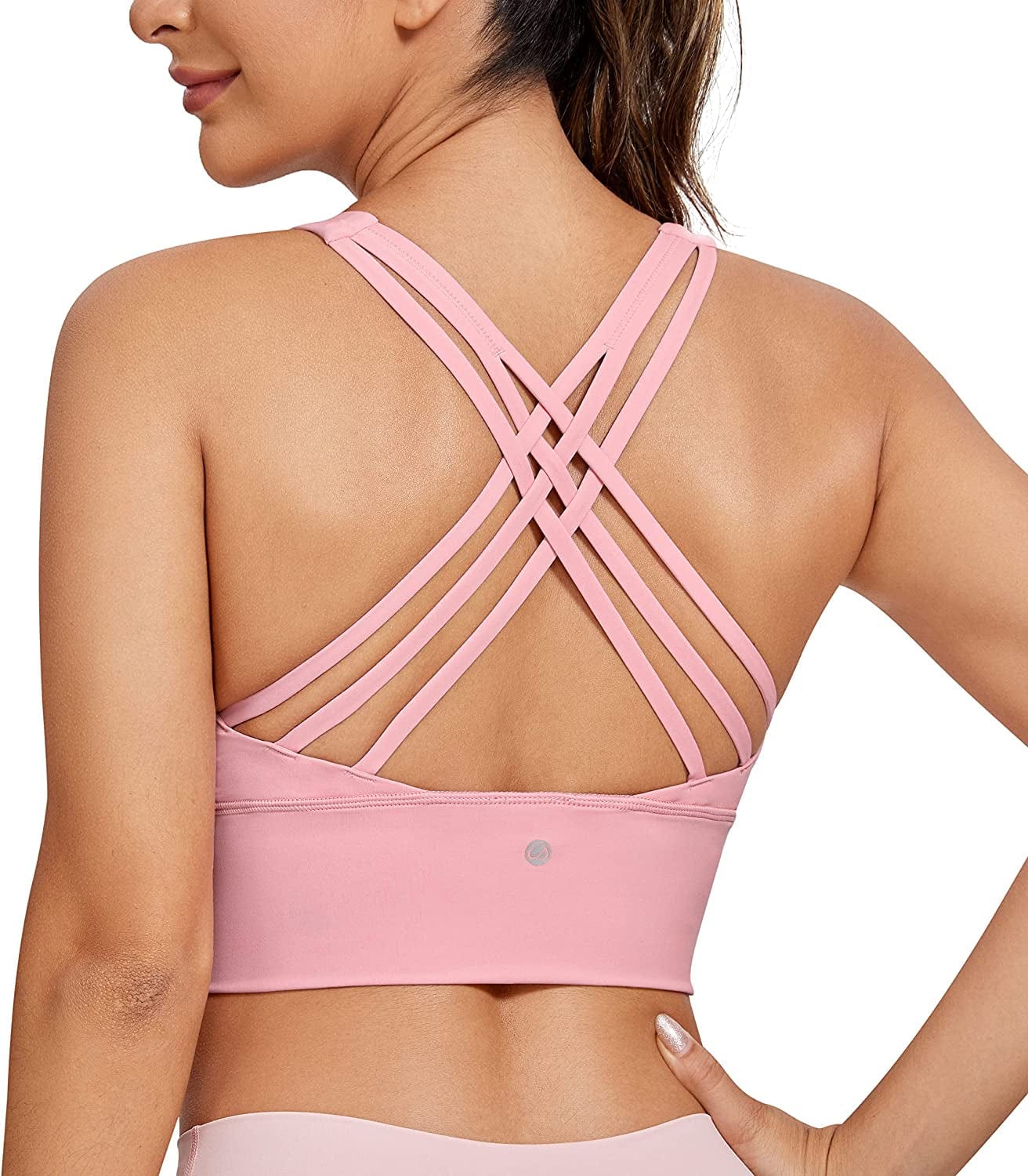 CRZ YOGA Strappy Longline Sports Bras for Women - Wirefree Padded Criss Cross Yoga Bras Cropped Tank Tops The Heartbeat Powder / Small