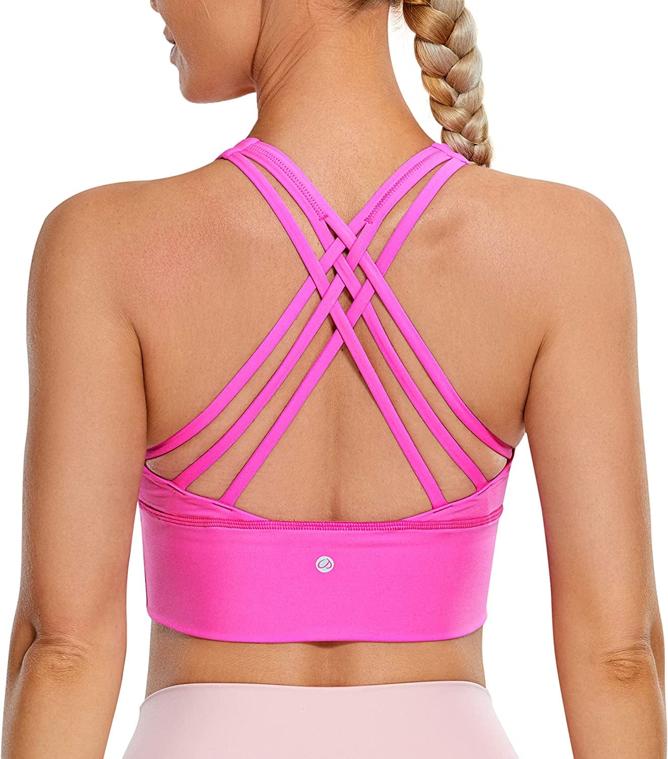 CRZ YOGA Strappy Longline Sports Bras for Women - Wirefree Padded Criss Cross Yoga Bras Cropped Tank Tops (Neon)light Purple / Small